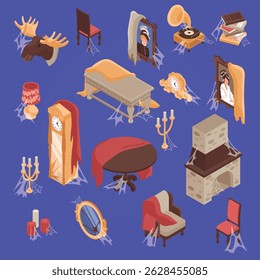 Old room interior set with old furniture and books isometric isolated vector illustration