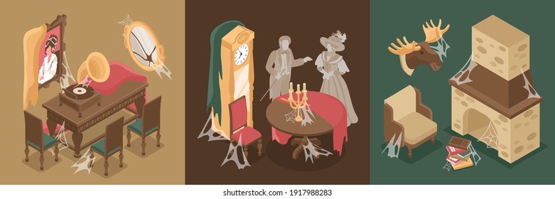 Old room interior square set with old furniture and ghosts isometric isolated vector illustration