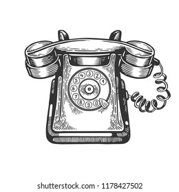 Old rotary dial phone engraving vector illustration. Scratch board style imitation. Black and white hand drawn image.