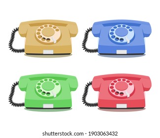 Old rotary phone icons set in different colors. Vintage wired phone handset, retro phone. Vector illustration on white background