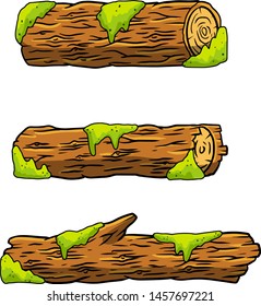 Old rotten log. Fallen putrid tree with green moss. Element of nature, forests, swamps. Set of wooden objects. Hand-drawn color cartoon illustration.