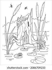 Old rotten stump on swamp. Fabulous wooden hut coloring pages. Linear drawing for kids colouring book in doodle style. Vector illustration.