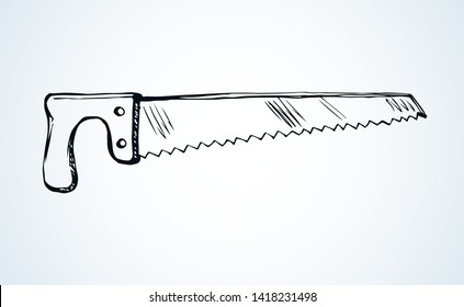 Old rough big woodsaw kit set on white forest text space. Outline black ink drawn build axe craft logo emblem pictogram in art antique engrave doodle cartoon style. Closeup home sawmill iron ax object