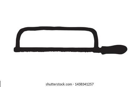 Old rough big woodsaw kit set on white forest text space. Outline black ink drawn build axe craft logo emblem pictogram in art antique engrave doodle cartoon style. Closeup home sawmill iron ax object