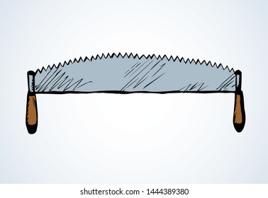 Old rough big woodsaw kit set on white forest text space. Outline black ink drawn build axe craft logo emblem pictogram in art antique engrave doodle cartoon style. Closeup home sawmill iron ax object
