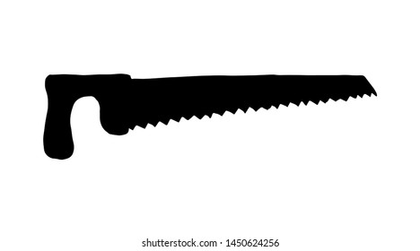 Old rough big woodsaw kit set on white forest text space. Outline black ink drawn build axe craft logo emblem pictogram in art antique engrave doodle cartoon style. Closeup home sawmill iron ax object