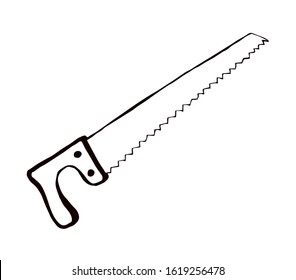 Old rough big woodsaw kit set on white forest text space. Outline black ink drawn build axe craft logo emblem pictogram in art antique engrave doodle cartoon style. Closeup home sawmill iron ax object