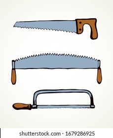 Old rough big woodsaw kit set on white forest text space. Outline black ink drawn build axe craft logo emblem pictogram in art antique engrave doodle cartoon style. Closeup home sawmill iron ax object