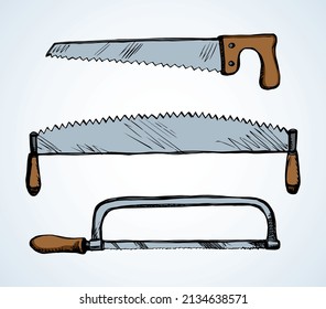 Old rough big woodsaw kit set on white forest text space. Outline black ink drawn build axe craft logo emblem pictogram in art antique engrave doodle cartoon style. Closeup home sawmill iron ax object