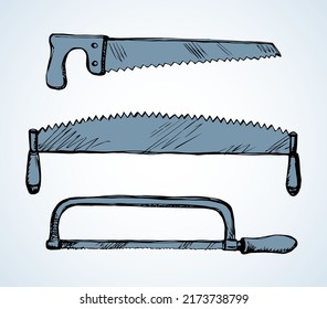 Old rough big woodsaw kit set on white forest text space. Outline black ink drawn build axe craft logo emblem pictogram in art antique engrave doodle cartoon style. Closeup home sawmill iron ax object