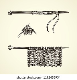 Old rough grey roll sew design instrument on white backdrop. Freehand line black ink drawn needlecraft logotype pictogram emblem sketchy in art scribble ancient style. Closeup view with space for text