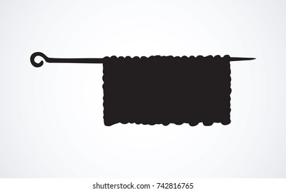 Old rough roll sew design instrument on white backdrop. Dark ink drawn picture emblem  in art print ancient style. Closeup view with space for text