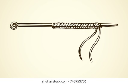Old rough roll sew handknit design instrument on white backdrop. Freehand line black ink drawn picture logo emblem sketchy in art scribble ancient style pen on paper. Closeup view with space for text