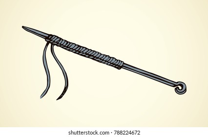 Old rough roll sew needlecraft design instrument on white backdrop. Freehand line black ink drawn picture logo emblem sketchy in art scribble style pen on paper. Closeup view with space for text