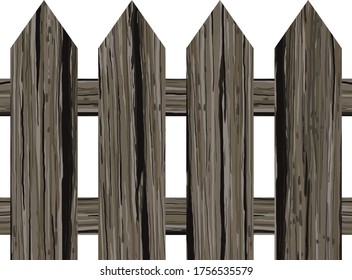old rough wooden pointed fence isolated on white background. Vector illustration