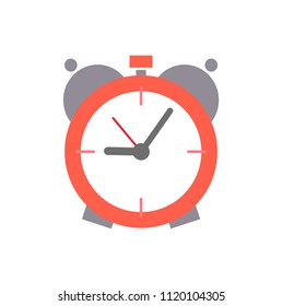 Old round alarm clock with mechanic system inside. Device that rings in set time to wake up and points right hour isolated flat vector illustration.