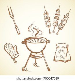 Old round grate burn Bbk device for steak snack nutrition isolated on white background. Freehand outline black ink hand drawn picture icon sketch in art retro doodle cartoon graphic style pen on paper