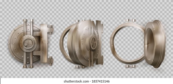 Old round safe door, metal bank vault gate isolated on transparent background. Vector realistic set of closed and open crumpled steel circle door with lock. Rusty iron bunker gates