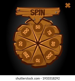 Old round wooden wheel of fortune with numbers. Vector illustration of a gambling banner for the game.