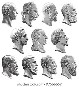 Old royal man portrait collection / vintage illustration from Meyers Konversations-Lexikon 1897