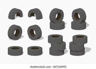 Old rubber tires. 3D lowpoly isometric vector illustration. The set of objects isolated against the white background and shown from different sides