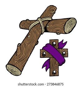 Old Rugged Wooden Cross With Ribbon