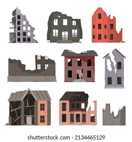 Old ruined, abandoned and collapsed buildings set. Apartment houses damaged war or earthquake. Apocalypse vector illustration. Clipart for disaster, collapse concept.