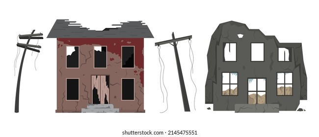 Old ruined, abandoned and collapsed buildings set. Apartment houses damaged war or earthquake. Apocalypse vector illustration. Clipart for disaster, collapse concept.