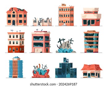 Old ruined  abandoned   collapsed city office buildings  Apartment houses damaged war earthquake  Broken town buildings vector set  Illustration abandoned building after collapse destruction