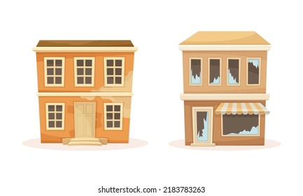 Old Ruined City Buildings Set. Abandoned Houses Damaged Of War, Earthquake Or Disaster Cartoon Vector Illustration