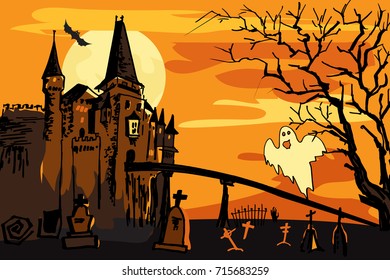 Old ruined isolated castle with ghost at night. Halloween orange background.