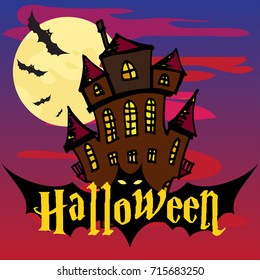 Old ruined isolated castle with owls at night. Halloween colorful background.