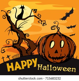 Old ruined isolated castle with pumpkin and tree at night. Halloween colorful background.