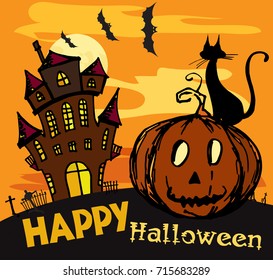 Old ruined isolated castle with pumpkin and cat at night. Halloween colorful background.