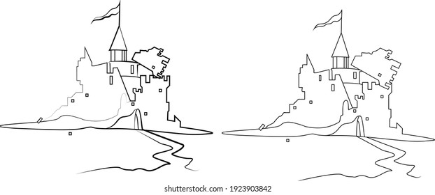 Old ruined knight's castle. Line vector illustration. Isolated on white background.