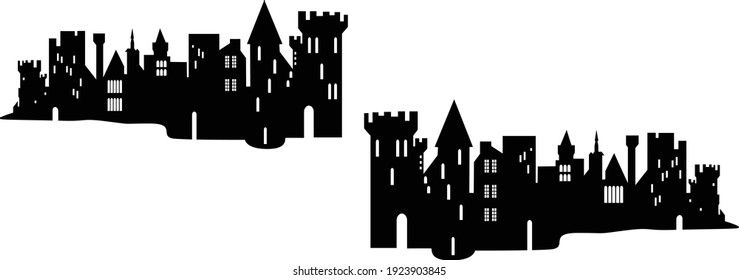 Old ruined knight's castle. Silhouette vector illustration. Isolated on white background. destructible tower