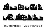 Old ruined silhouette, abandoned and collapsed buildings set. Apartment houses damaged war or earthquake. Apocalypse vector illustration. Clipart for disaster, collapse concept.