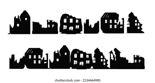 Vieja silueta en ruinas, edificios abandonados y colapsados. Las casas de departamentos dañaron la guerra o el terremoto. Ilustración vectorial apocalipsis. Clipart para el desastre, concepto de colapso.