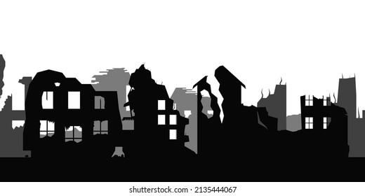 Old ruined silhouette, abandoned and collapsed buildings set. Apartment houses damaged war or earthquake. Apocalypse vector illustration. Clipart for disaster, collapse concept.