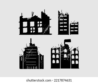 Old ruined silhouette, abandoned and collapsed buildings engraving, ink set. Apartment houses damaged war or earthquake. Apocalypse vector illustration. Clipart for disaster, collapse concept.