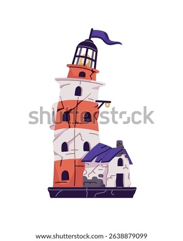 Old ruins of destroyed lighthouse after earthquake, tsunami, disaster. Damaged beacon, collapse of light house. Broken building of nautical tower. Flat isolated vector illustration on white background