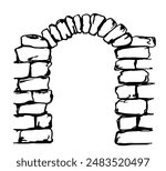 Old ruins, stone entrance, gate. Ancient medieval city, castle walls. Arch, brickwork. Simple hand drawn vector illustration with black outline.