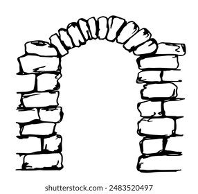 Ruinas antiguas, entrada de piedra, puerta. Antigua ciudad medieval, murallas del castillo. Arch, ladrillo. Ilustración vectorial dibujada a mano simple con contorno negro.