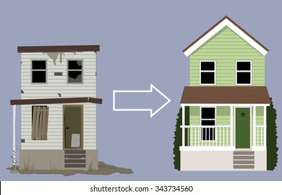 Old, Rundown House Turned Into A Nice New Two-story Home, EPS 8 Vector Illustration