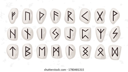 Old runic alphabet or hieroglyphics carved on stones vector flat illustration. Set of scandinavian or anglo saxon runes isolated. Ancient sacral symbols, vikings letters, rune font or script