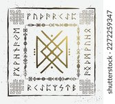 Old runic letters with grunge frame in celtic style isolated on white background. Square frame with decorations and Scandinavian doodle hand draw stave