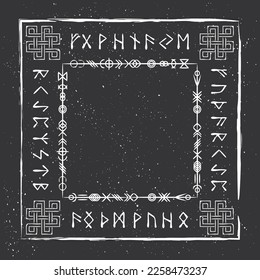 Old runic letters with grunge frame in celtic style isolated on dark background. Square frame with decorations and Scandinavian doodle hand draw elements