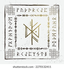 Old runic letters with grunge frame in celtic style isolated on white background. Square frame with decorations and Scandinavian doodle hand draw stave