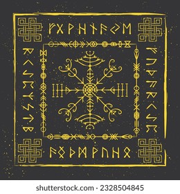 Old runic letters with grunge frame in celtic style isolated on dark background. Square frame with decorations and Scandinavian doodle hand draw elements