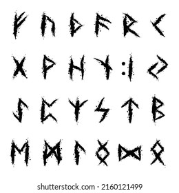 Old runic letters isolated on white background. Grunge ink blots Scandinavian and Icelandic symbols set